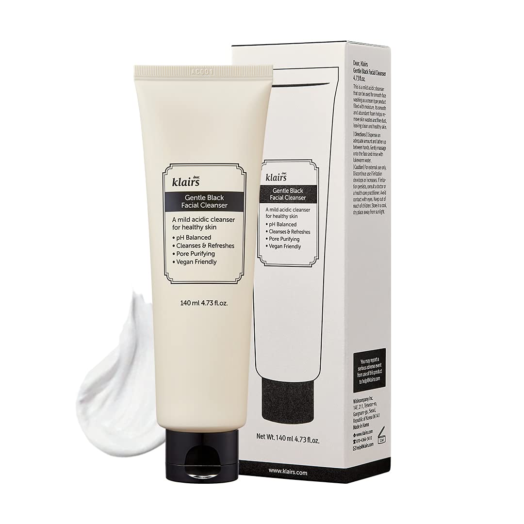 DearKlairs Gentle Black Facial Cleanser – Korean Low-pH Foam Cleanser with Activated Charcoal, Non-Stripping Face Wash for Sensitive Skin, Step 2 of Double Cleanse, Vegan, Fragrance-Free, 4.73 Fl Oz