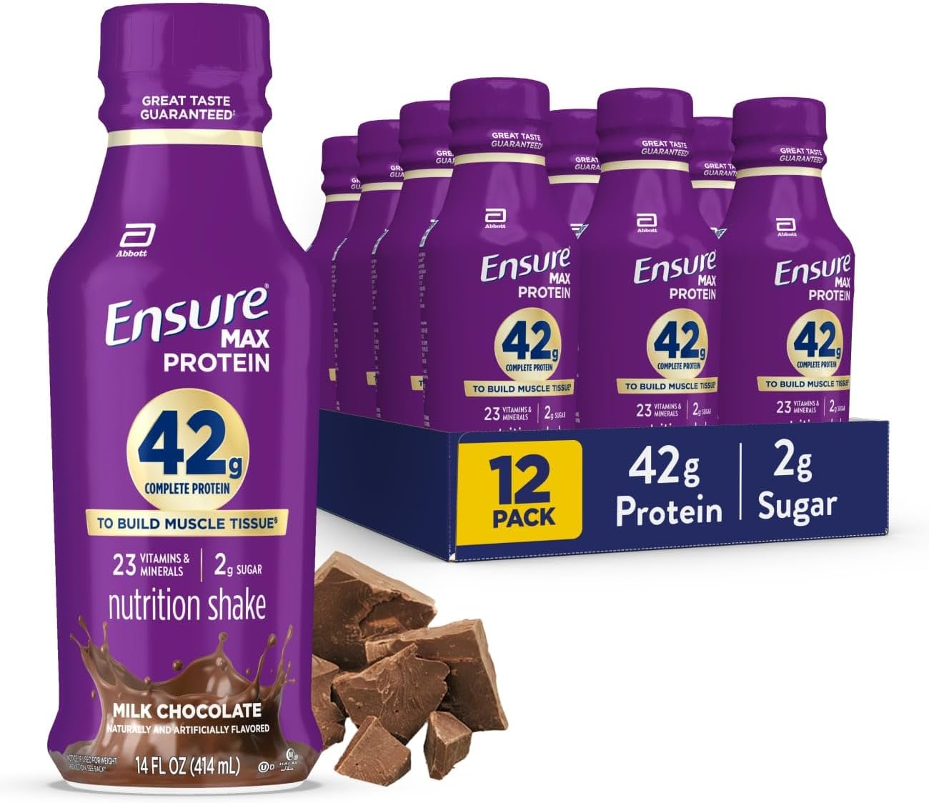 Ensure Max Protein Milk Chocolate Shake, 42g High Protein, 12 Pack | Each Protein Shake has 2g Sugar, 220 Calories, 23 Essential Vitamins & Minerals, and 2 Key Electrolytes for Active Adults