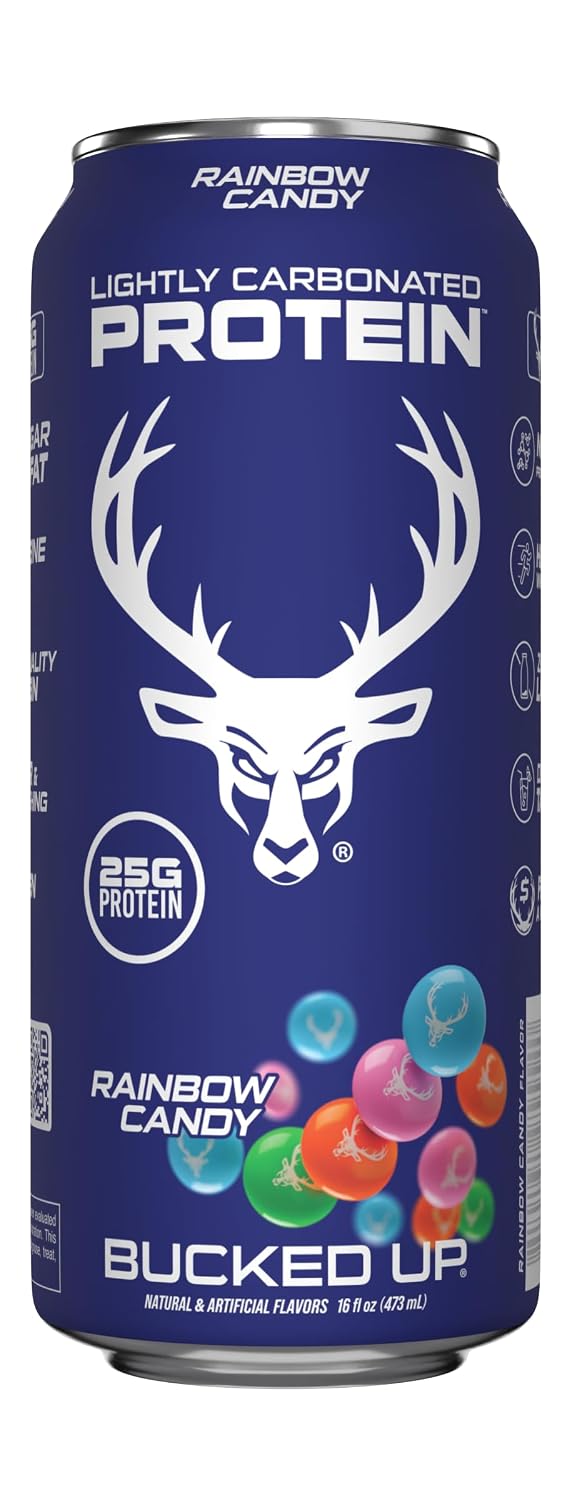 Bucked Up Lightly Carbonated Protein Soda | 25g Whey Isolate - Zero Sugar, Low Calorie, Caffeine Free, Clean Drink | Sparkling Protein Soda - 12 Pack, 16 oz Cans (Rainbow Candy)