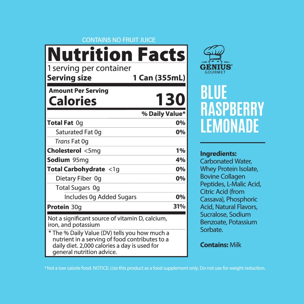 Genius Gourmet Clear Protein Sparkling Water Blue Raspberry Lemonade, 12 CT