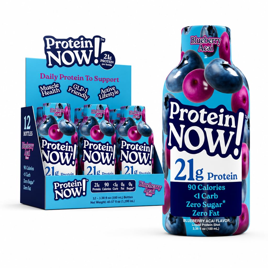 Protein Now Liquid 3 oz. Protein Shot By NutraBio– 21g Protein, 0 Carbs, 0 Fat, GLP-1 Support, Ready-to-Drink, No Refrigeration, Whey & Collagen Protein for Hair, Skin & Nails, On-the-Go Nutrition- Blueberry Acai