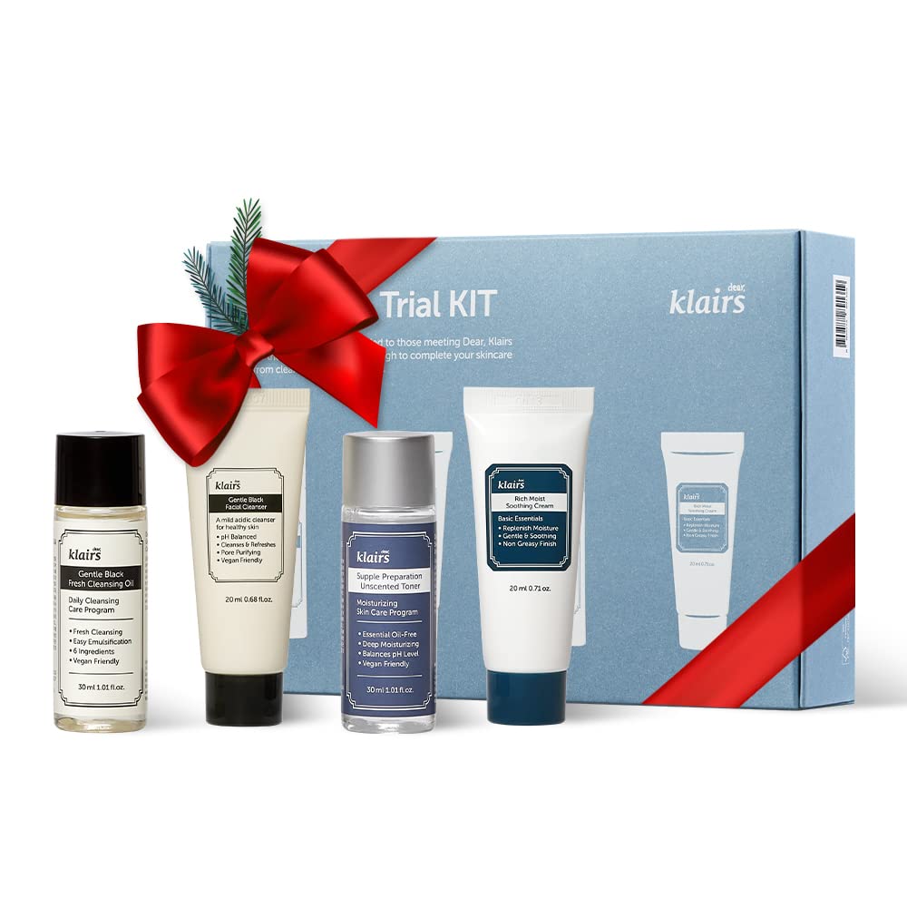 DearKlairs Skincare Travel Trial Kit – Korean Mini Set with Cleansing Oil, Foaming Cleanser, Toner & Soothing Cream, Bestseller Gift Set for All Skin Types, Vegan, Cruelty-Free