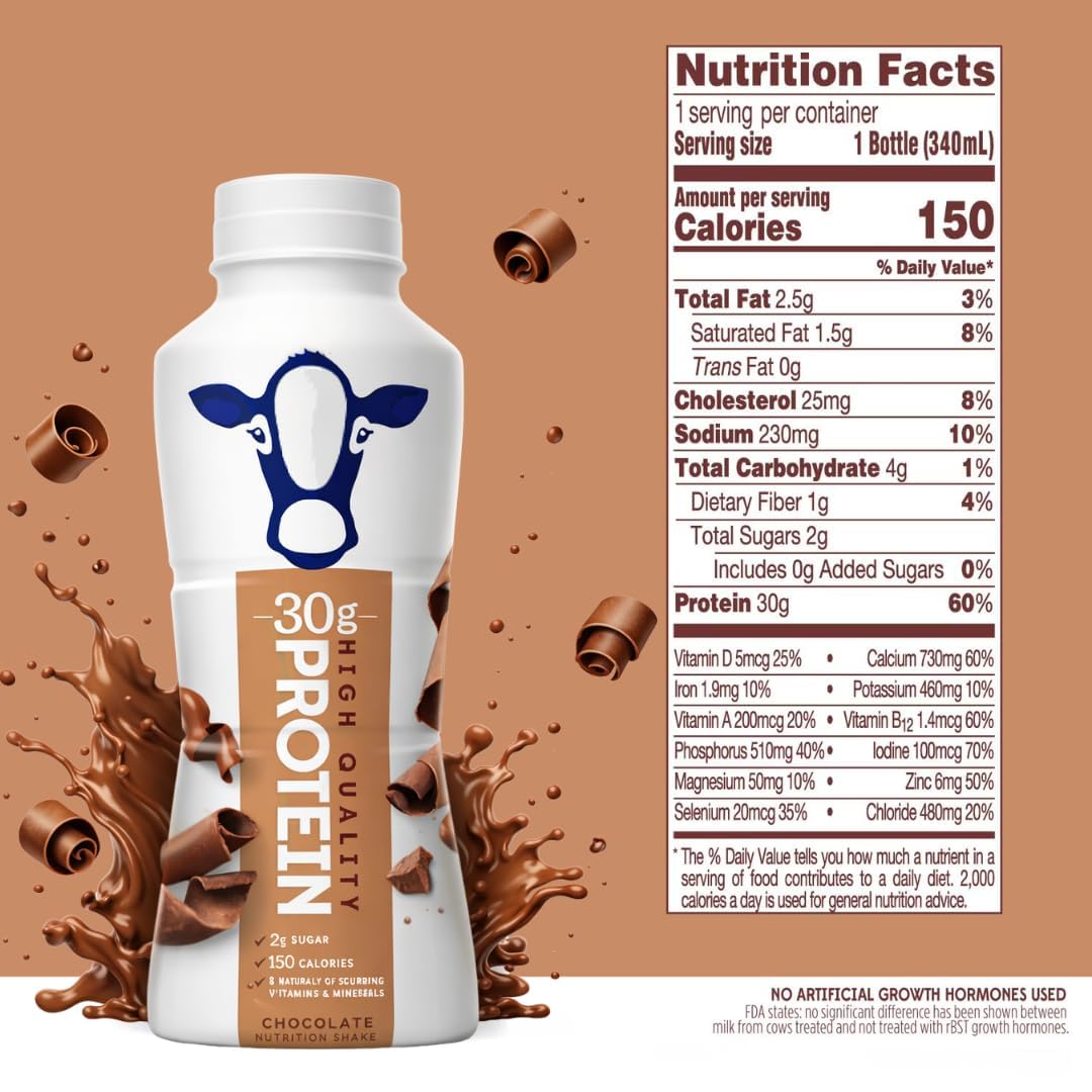 High Protein Chocolate Nutrition Shake – 30g Protein per Bottle | 8 Pack (11.5 Fl Oz) | Only 2g Sugar & 150 Calories | Enriched with 8 Naturally Occurring Vitamins & Minerals | Low Carb Recovery & Meal Replacement Drink