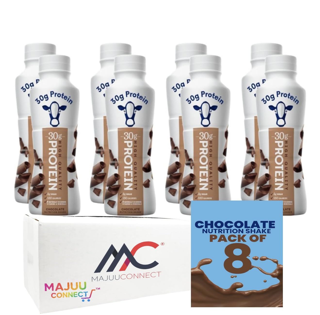 High Protein Chocolate Nutrition Shake – 30g Protein per Bottle | 8 Pack (11.5 Fl Oz) | Only 2g Sugar & 150 Calories | Enriched with 8 Naturally Occurring Vitamins & Minerals | Low Carb Recovery & Meal Replacement Drink