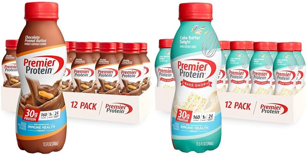 Premier Protein Shake, Chocolate Peanut Butter & Cake Batter Flavors, 30g Protein, 1g Sugar, 24 Vitamins & Minerals, 12 Count