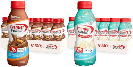 Premier Protein Shake, Chocolate Peanut Butter & Cake Batter Flavors, 30g Protein, 1g Sugar, 24 Vitamins & Minerals, 12 Count