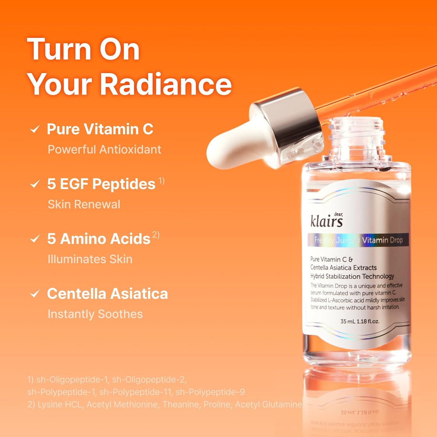 DearKlairs Vitamin C Serum – Korean Brightening Daily Serum with 5% Pure Vitamin C, EGF Peptides & Niacinamide, for Even Skin Tone, Dark Spot Care, Sensitive Skin, 1.18 Fl Oz