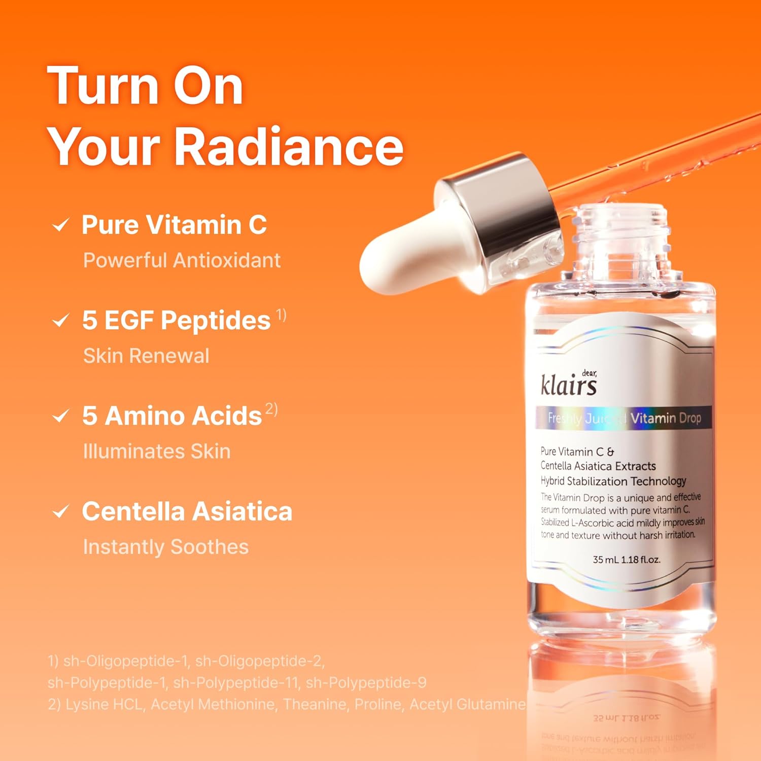 DearKlairs Vitamin C Serum – Korean Brightening Daily Serum with 5% Pure Vitamin C, EGF Peptides & Niacinamide, for Even Skin Tone, Dark Spot Care, Sensitive Skin, 1.18 Fl Oz