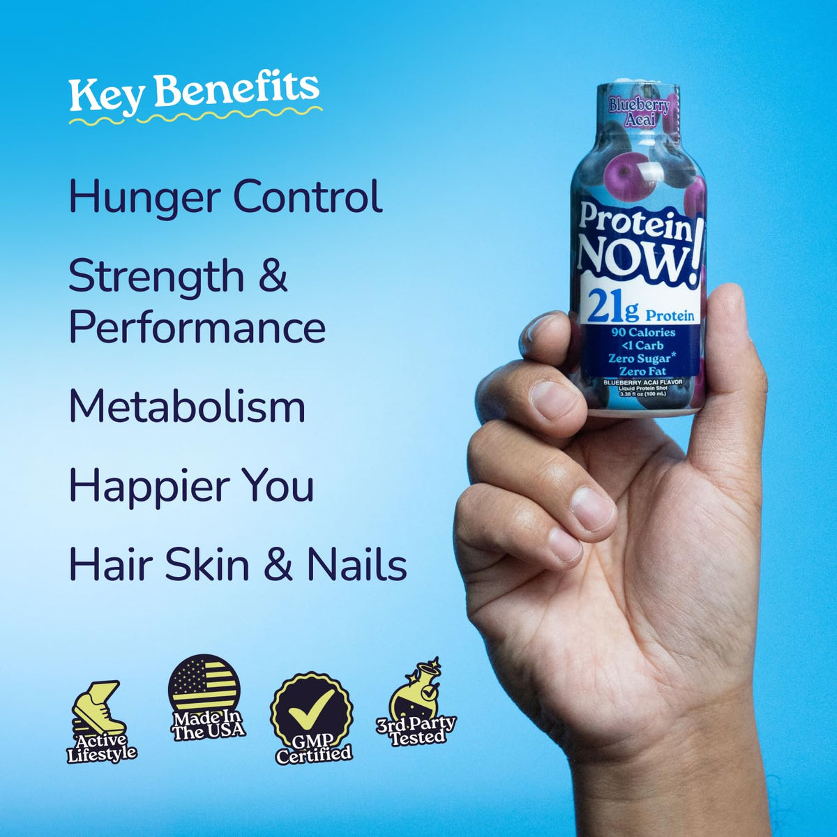 Protein Now Liquid 3 oz. Protein Shot By NutraBio– 21g Protein, 0 Carbs, 0 Fat, GLP-1 Support, Ready-to-Drink, No Refrigeration, Whey & Collagen Protein for Hair, Skin & Nails, On-the-Go Nutrition- Blueberry Acai