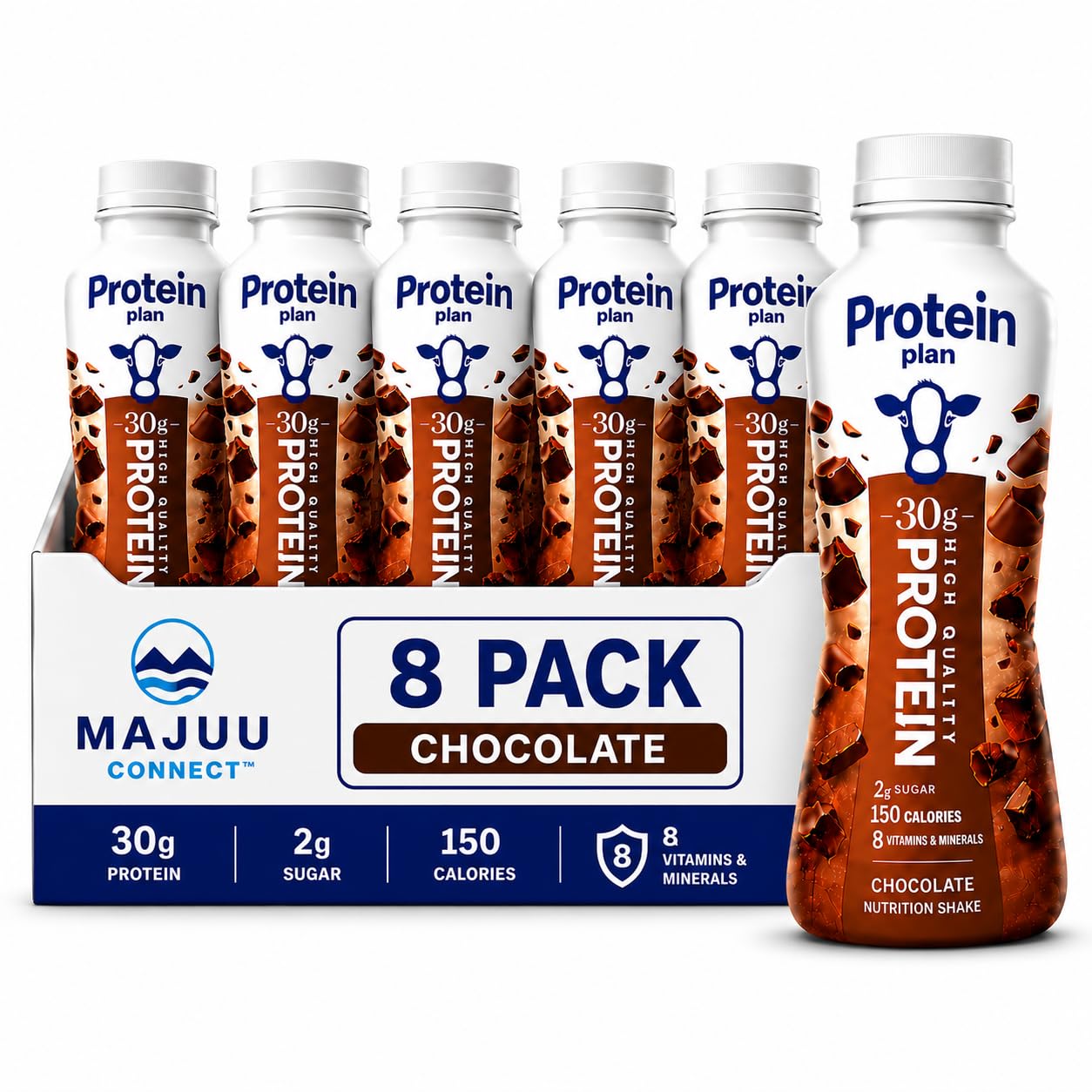 High Protein Chocolate Nutrition Shake – 30g Protein per Bottle | 8 Pack (11.5 Fl Oz) | Only 2g Sugar & 150 Calories | Enriched with 8 Naturally Occurring Vitamins & Minerals | Low Carb Recovery & Meal Replacement Drink