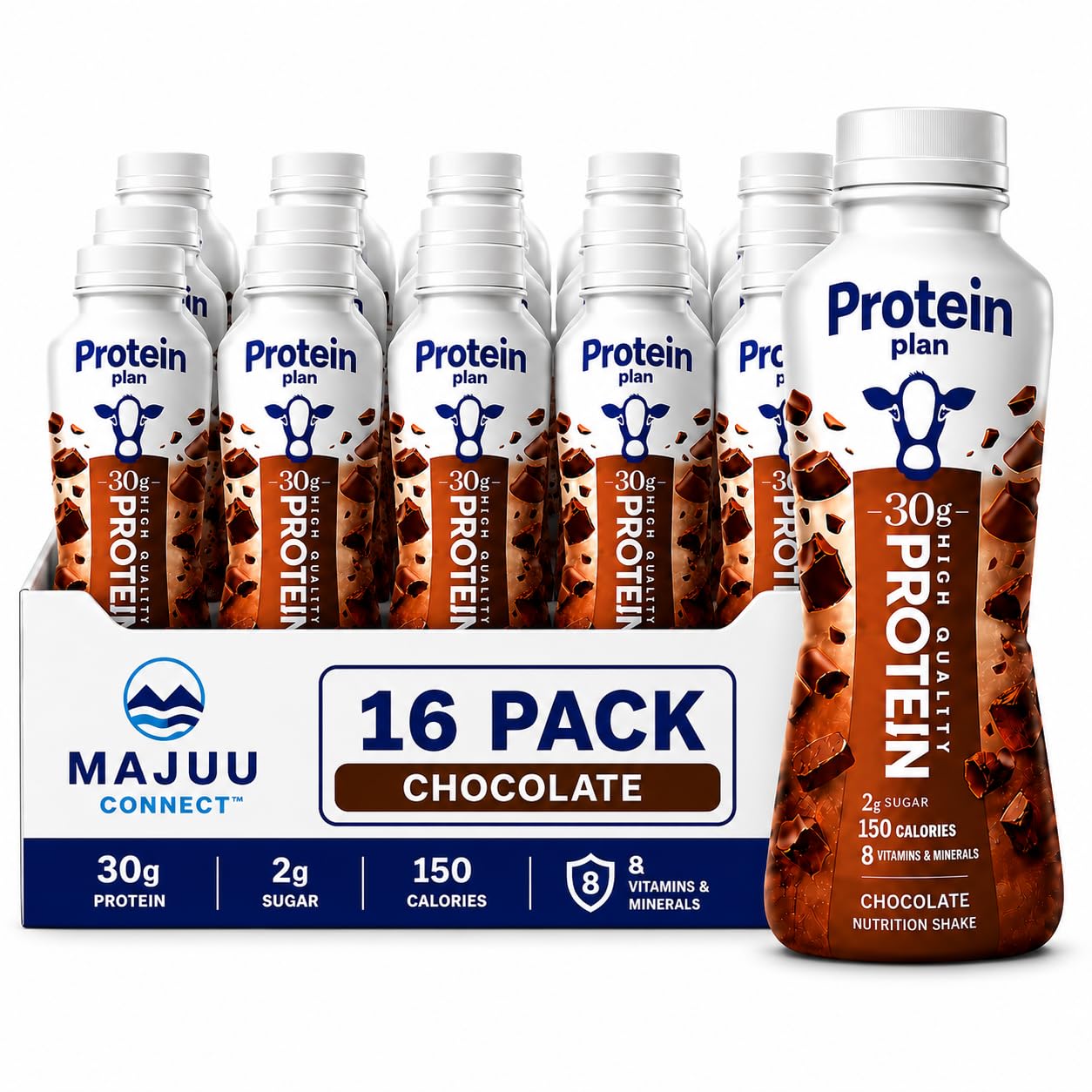 High Protein Chocolate Nutrition Shake – 30g Protein per Bottle | 8 Pack (11.5 Fl Oz) | Only 2g Sugar & 150 Calories | Enriched with 8 Naturally Occurring Vitamins & Minerals | Low Carb Recovery & Meal Replacement Drink