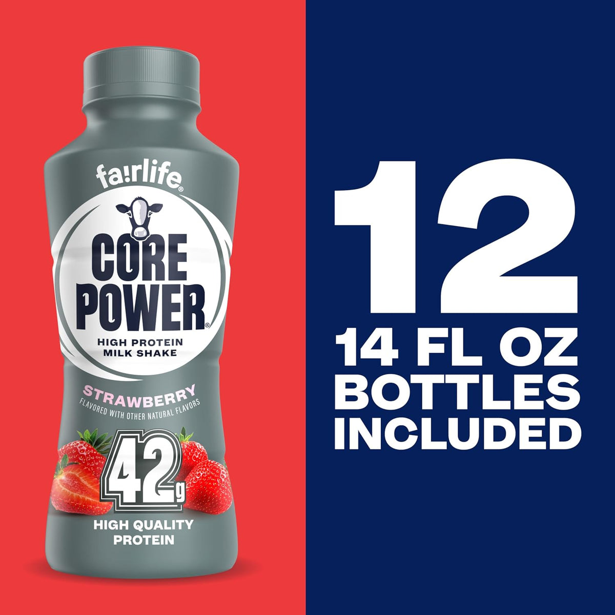 Core Power Fairlife Elite 42g High Protein Milk Shake Bottle , Ready To Drink for Workout Recovery, Strawberry, 14 Fl Oz, Liquid, kosher (Pack of 12)