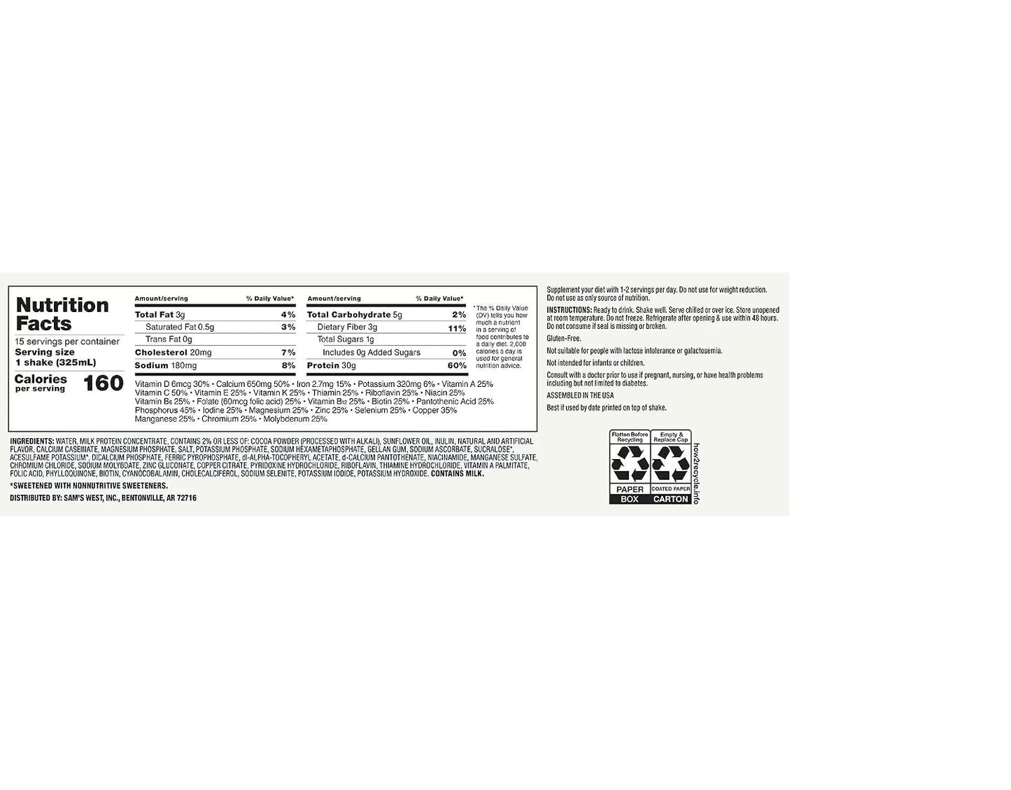 Member's High Protein Nutritional Shake, Chocolate Artificially Flavored, 15 Pack, 11 Fl Oz Each, 30g Protein, 1g Sugar, 160 Calories, Ready to Drink Protein Shake for Snack, Breakfast, Post Workout and Nutrition