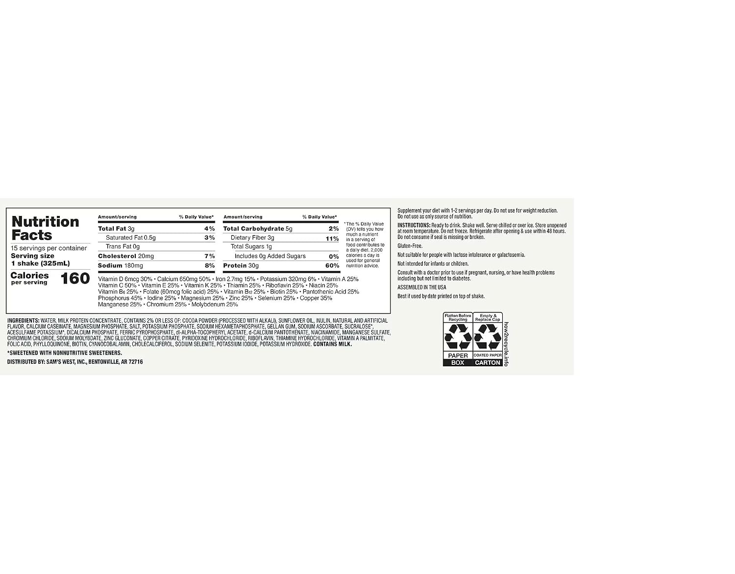 Member's High Protein Nutritional Shake, Chocolate Artificially Flavored, 15 Pack, 11 Fl Oz Each, 30g Protein, 1g Sugar, 160 Calories, Ready to Drink Protein Shake for Snack, Breakfast, Post Workout and Nutrition