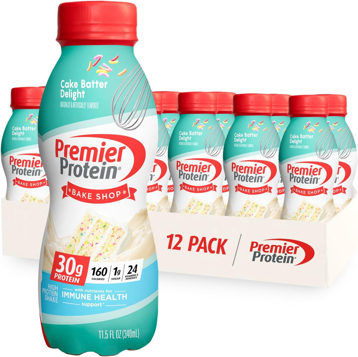 Premier Protein Shake, Chocolate Peanut Butter & Cake Batter Flavors, 30g Protein, 1g Sugar, 24 Vitamins & Minerals, 12 Count