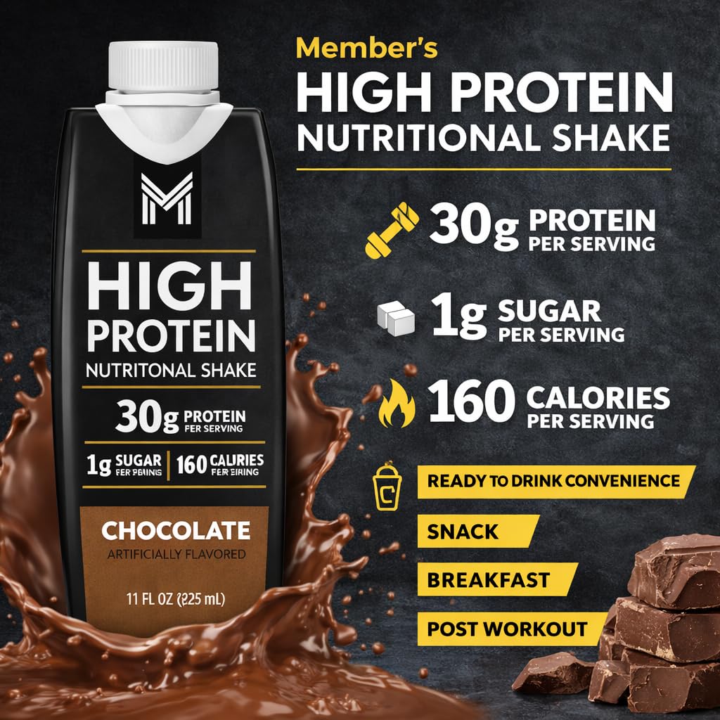 Member's High Protein Nutritional Shake, Chocolate Artificially Flavored, 15 Pack, 11 Fl Oz Each, 30g Protein, 1g Sugar, 160 Calories, Ready to Drink Protein Shake for Snack, Breakfast, Post Workout and Nutrition