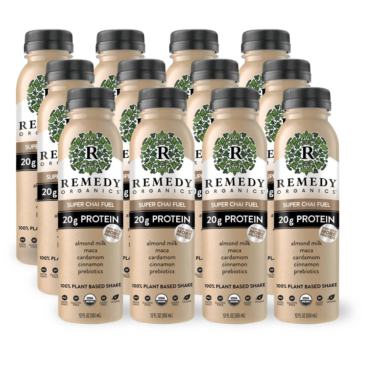 Remedy Organics Super Chai Fuel 12-Pack | Plant Based 20g Protein Shakes, Ready to Drink | USDA Organic, Gluten Free, Dairy Free, Soy Free