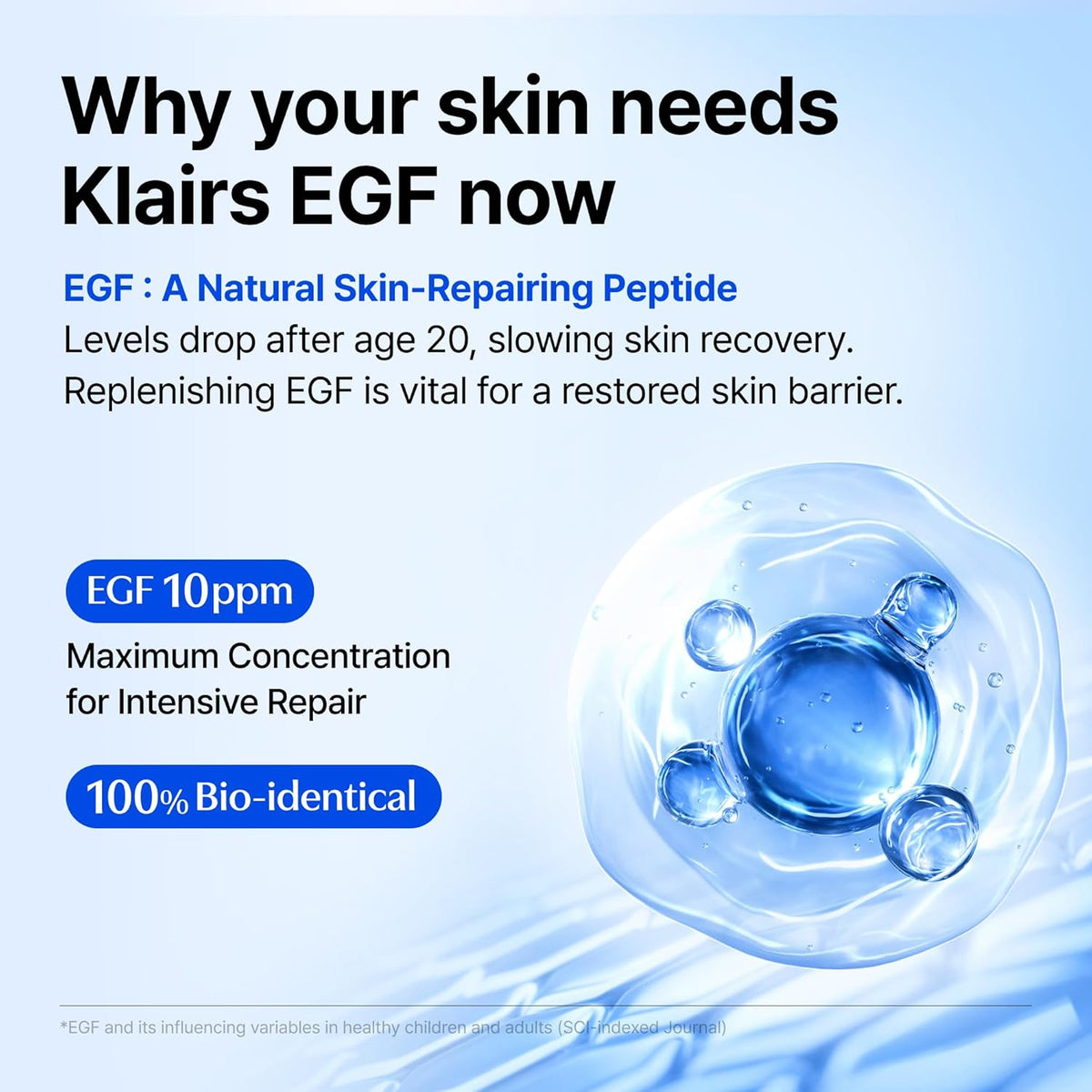 DearKlairs Korean EGF Serum - Blue Youth Activating Drop with EGF & FGF (10ppm Each), Barrier Repair & Post-Blemish Marks, Sensitive Skin-Friendly, Daily Calm & Repair, 1.69 Fl Oz