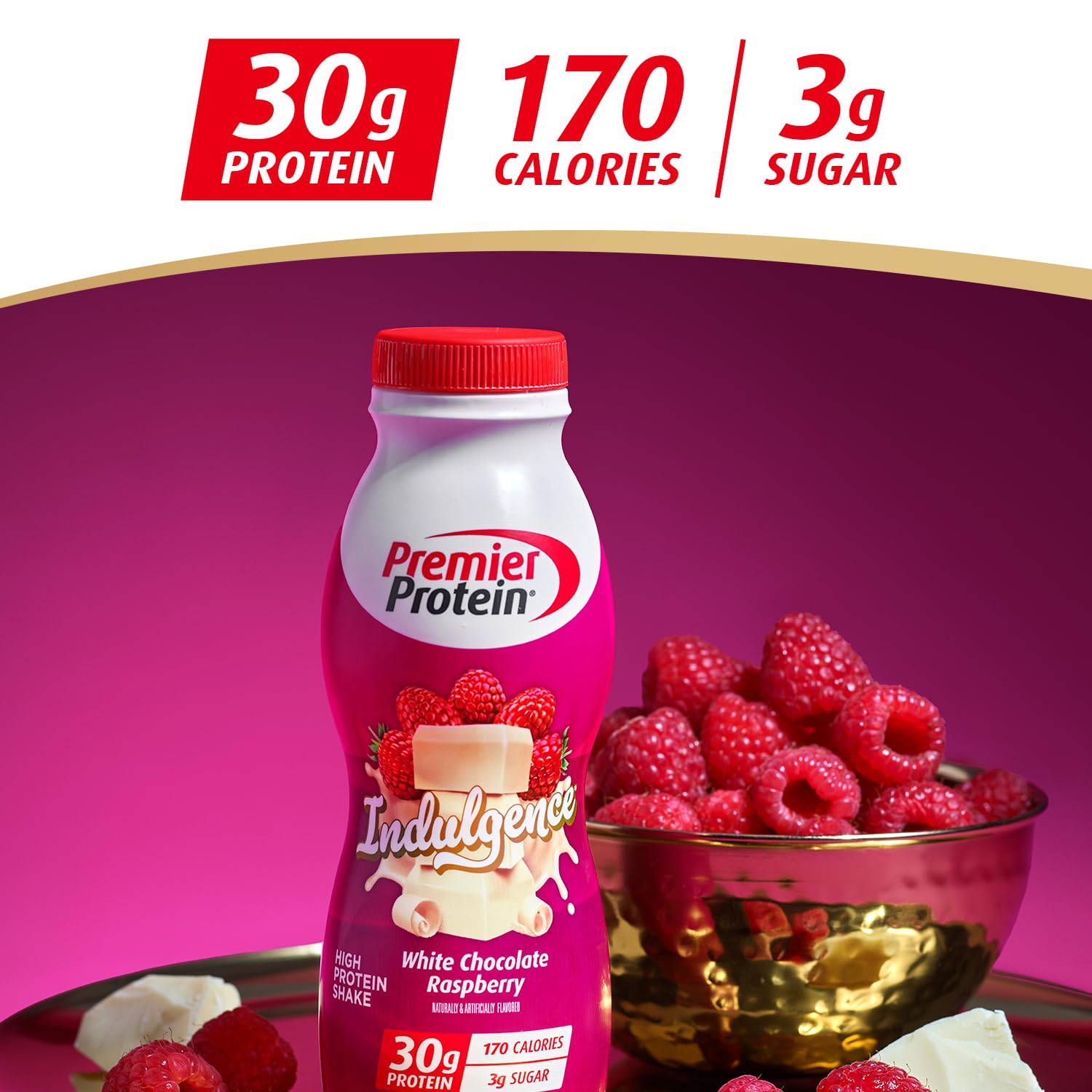 Premier Protein INDULGENCE 30g Shake, White Chocolate Raspberry, 12 Pack | Dessert-Inspired, 170 Calories, 3g Sugar, Supports Muscle Health, Gluten-Free, 11.5 oz (Packaging May Vary)