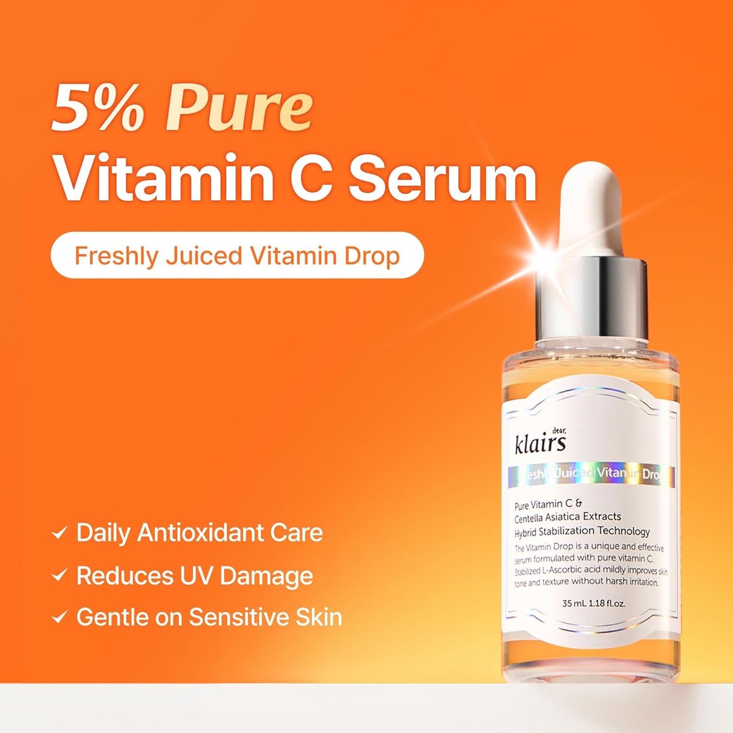 DearKlairs Vitamin C Serum – Korean Brightening Daily Serum with 5% Pure Vitamin C, EGF Peptides & Niacinamide, for Even Skin Tone, Dark Spot Care, Sensitive Skin, 1.18 Fl Oz