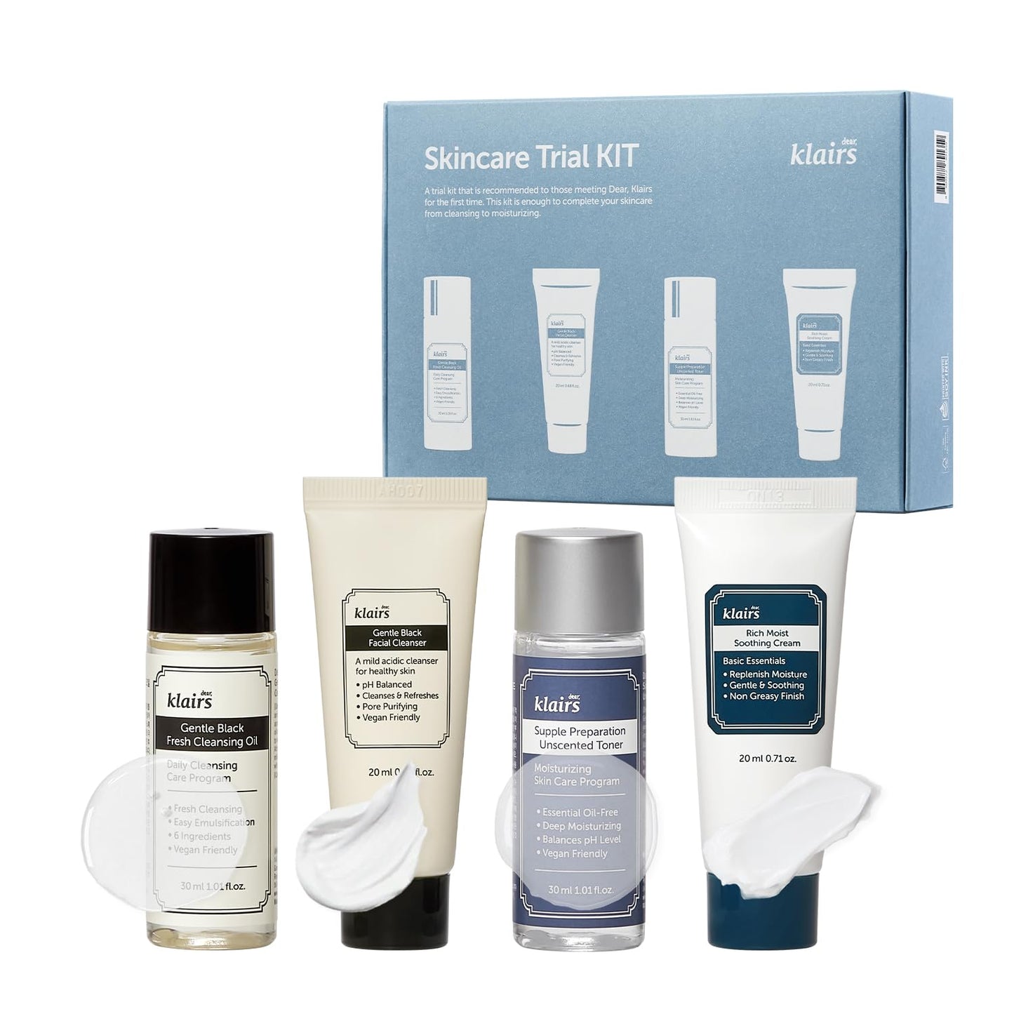 DearKlairs Skincare Travel Trial Kit – Korean Mini Set with Cleansing Oil, Foaming Cleanser, Toner & Soothing Cream, Bestseller Gift Set for All Skin Types, Vegan, Cruelty-Free