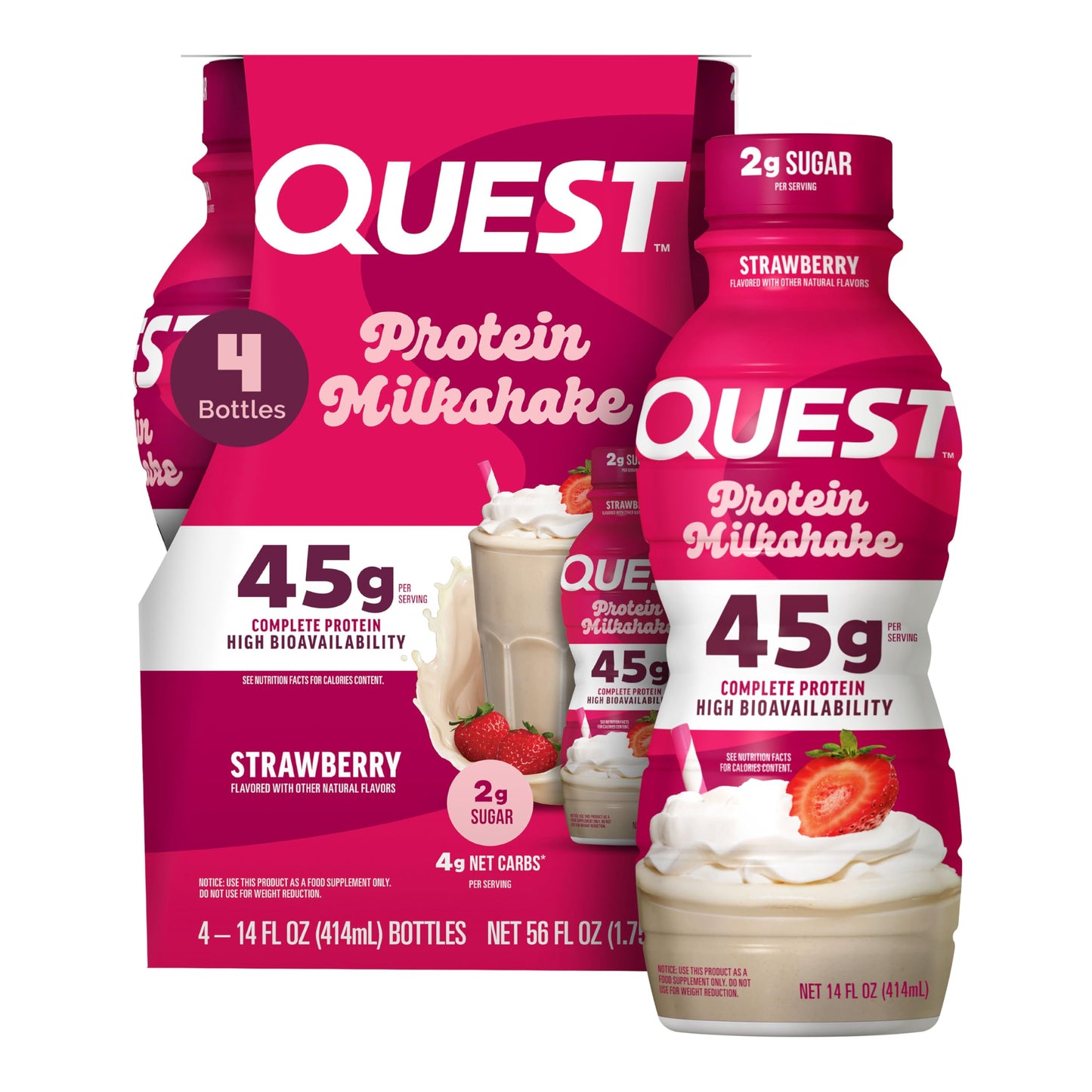 Quest Nutrition Chocolate Protein Shake, 45g Protein, 2g Sugar, 4g Net Carbs, Ready to Drink, Gluten Free, 12 Count | 45g Complete Protein, Ready to Drink, 4g Net Carbs, Gluten Free, Ultrafiltered Nonfat Milk, High Protein, 14 Fl Oz Bottles