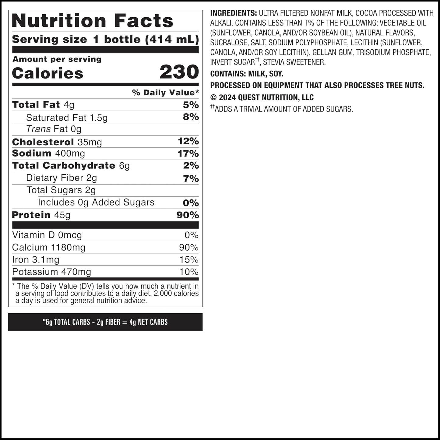 Quest Nutrition Chocolate Protein Shake, 45g Protein, 2g Sugar, 4g Net Carbs, Ready to Drink, Gluten Free, 12 Count | 45g Complete Protein, Ready to Drink, 4g Net Carbs, Gluten Free, Ultrafiltered Nonfat Milk, High Protein, 14 Fl Oz Bottles