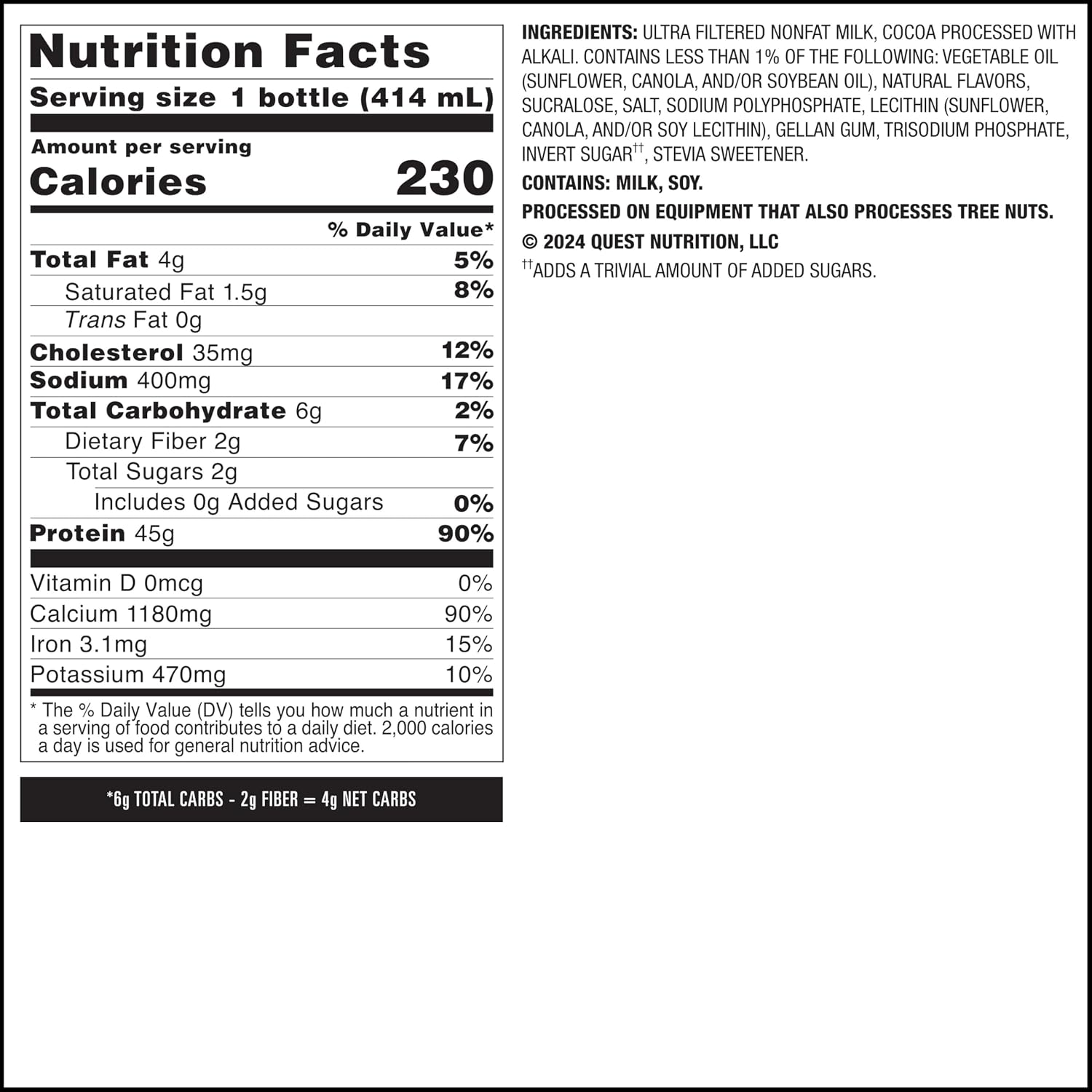 Quest Nutrition Chocolate Protein Shake, 45g Protein, 2g Sugar, 4g Net Carbs, Ready to Drink, Gluten Free, 12 Count | 45g Complete Protein, Ready to Drink, 4g Net Carbs, Gluten Free, Ultrafiltered Nonfat Milk, High Protein, 14 Fl Oz Bottles