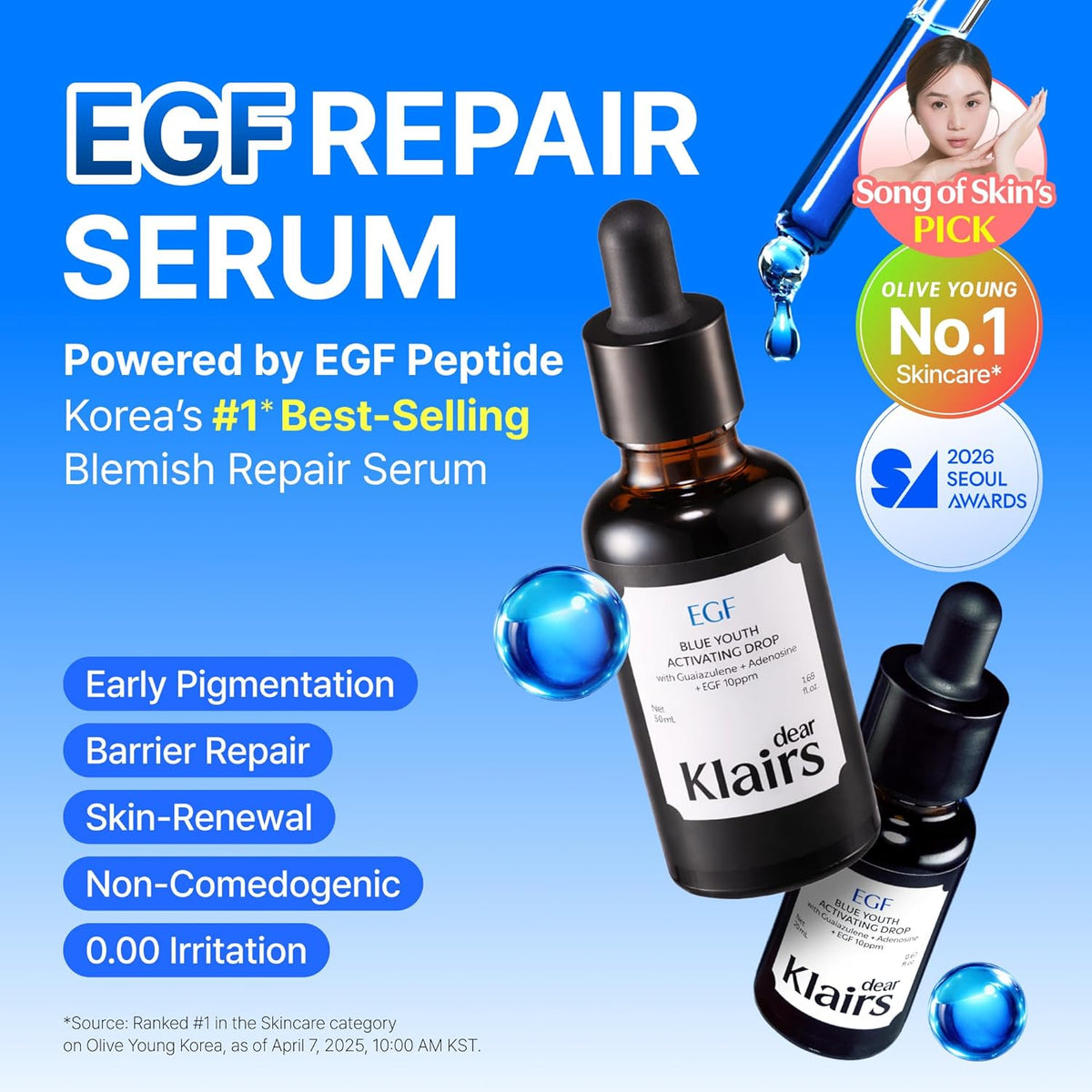 DearKlairs Korean EGF Serum - Blue Youth Activating Drop with EGF & FGF (10ppm Each), Barrier Repair & Post-Blemish Marks, Sensitive Skin-Friendly, Daily Calm & Repair, 1.69 Fl Oz