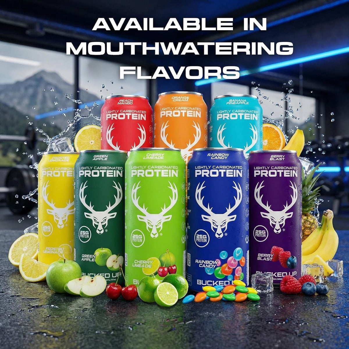 Bucked Up Lightly Carbonated Protein Soda | 25g Whey Isolate - Zero Sugar, Low Calorie, Caffeine Free, Clean Drink | Sparkling Protein Soda - 12 Pack, 16 oz Cans (Rainbow Candy)