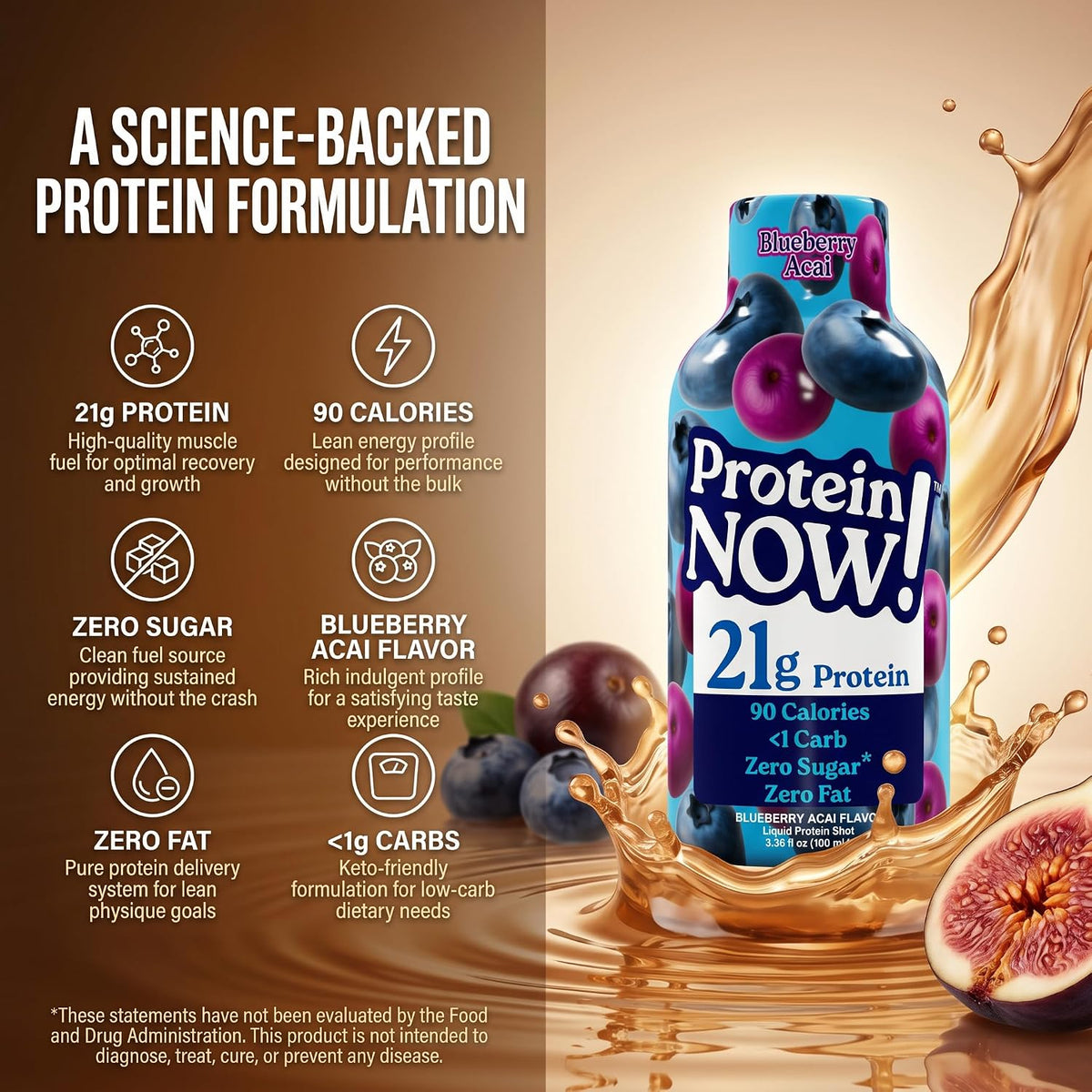 Protein Now Liquid 3 oz. Protein Shot By NutraBio– 21g Protein, 0 Carbs, 0 Fat, GLP-1 Support, Ready-to-Drink, No Refrigeration, Whey & Collagen Protein for Hair, Skin & Nails, On-the-Go Nutrition- Blueberry Acai