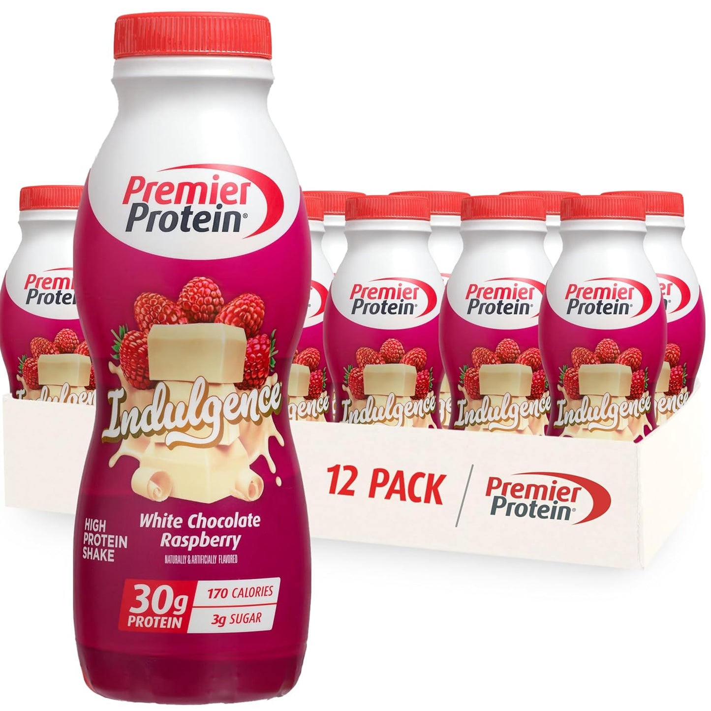 Premier Protein INDULGENCE 30g Shake, White Chocolate Raspberry, 12 Pack | Dessert-Inspired, 170 Calories, 3g Sugar, Supports Muscle Health, Gluten-Free, 11.5 oz (Packaging May Vary)