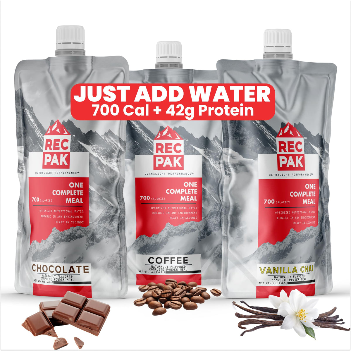 RecPak | 700 Cal, 42g Protein, Complete Nutrition for Backcountry Athletes | No-Cook Lightweight Liquid Meal for Mountaineering Backpacking Sking Hunting | Just Add Water & Go I Variety Pack (3-Pack)