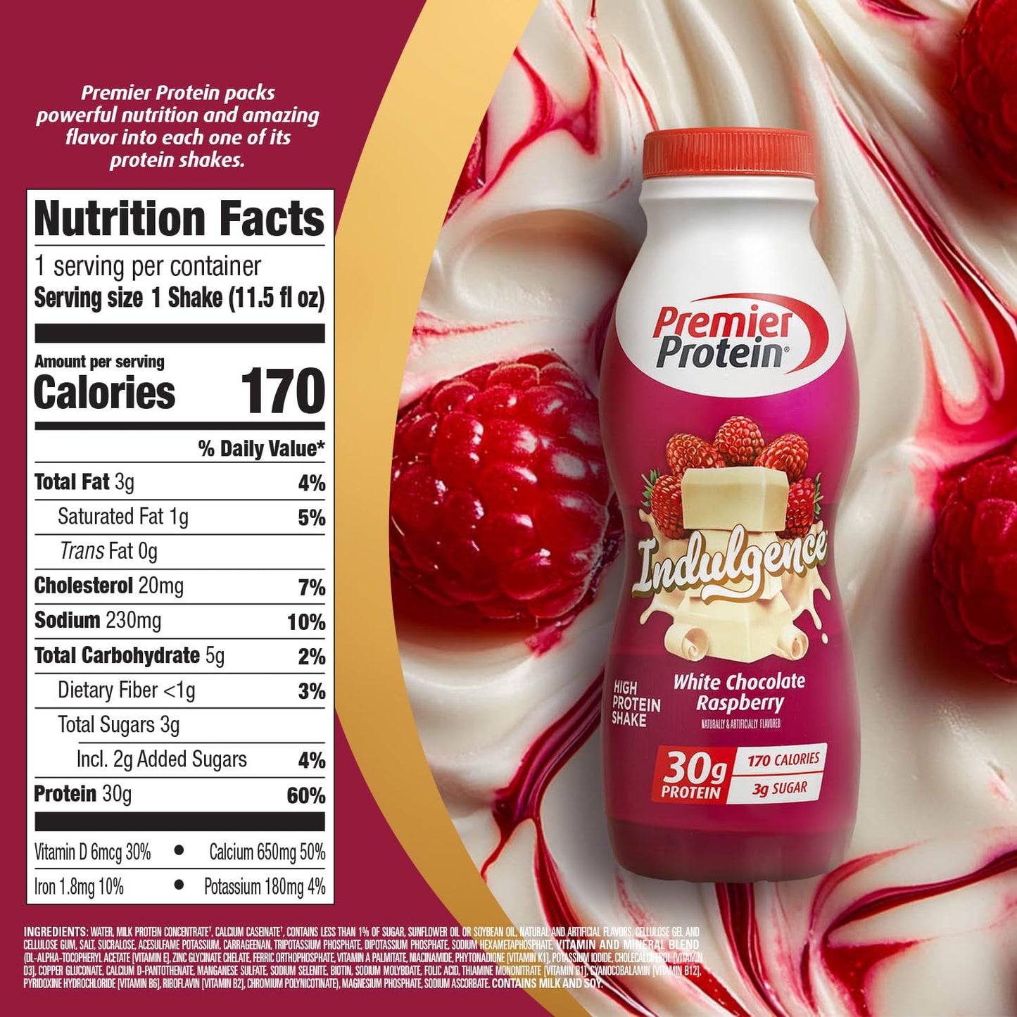 Premier Protein INDULGENCE 30g Shake, White Chocolate Raspberry, 12 Pack | Dessert-Inspired, 170 Calories, 3g Sugar, Supports Muscle Health, Gluten-Free, 11.5 oz (Packaging May Vary)