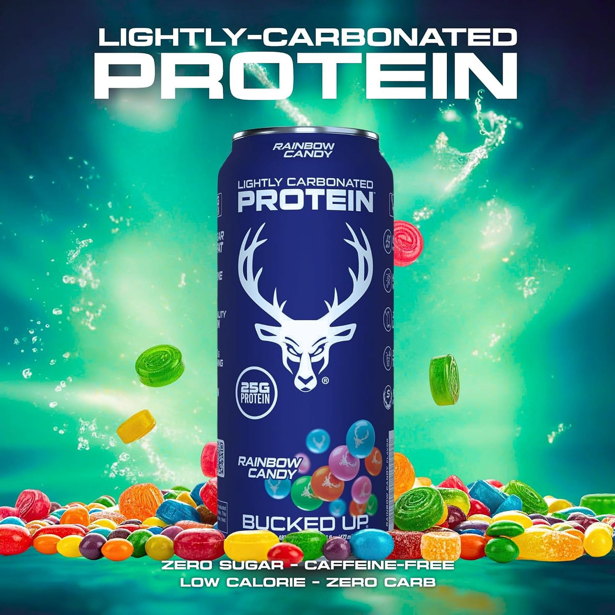 Bucked Up Lightly Carbonated Protein Soda | 25g Whey Isolate - Zero Sugar, Low Calorie, Caffeine Free, Clean Drink | Sparkling Protein Soda - 12 Pack, 16 oz Cans (Rainbow Candy)