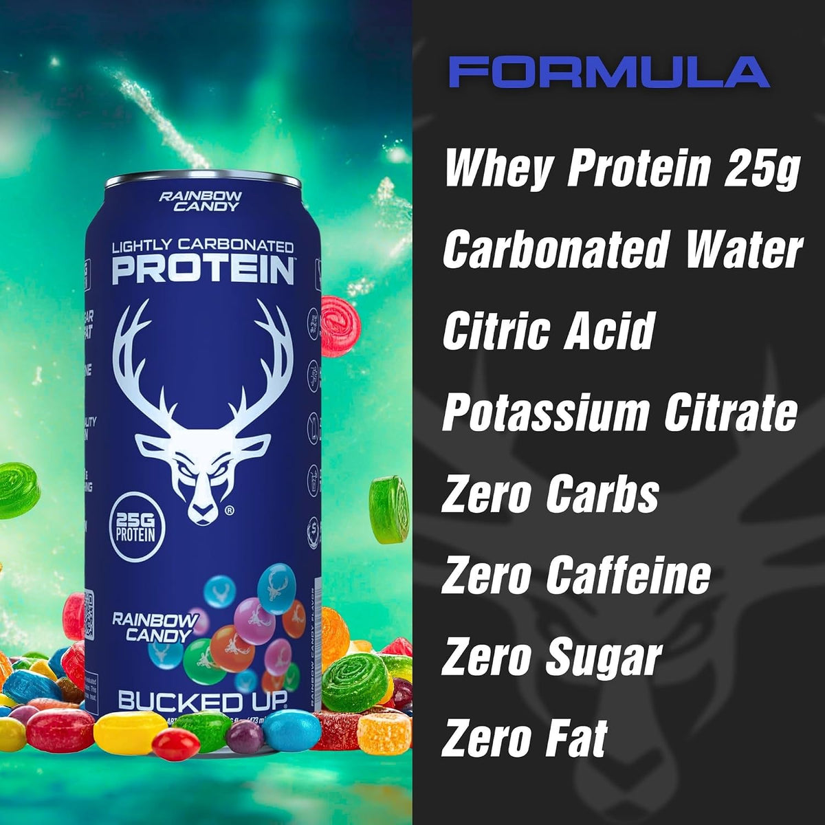 Bucked Up Lightly Carbonated Protein Soda | 25g Whey Isolate - Zero Sugar, Low Calorie, Caffeine Free, Clean Drink | Sparkling Protein Soda - 12 Pack, 16 oz Cans (Rainbow Candy)