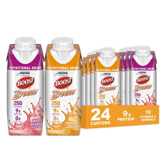Boost Breeze Clear Nutritional Drink, 9g Protein, 250 Nutrient-Rich Calories, 2 Flavor Variety Case (Orange + Wildberry), 8 Fl Oz (Pack of 24)
