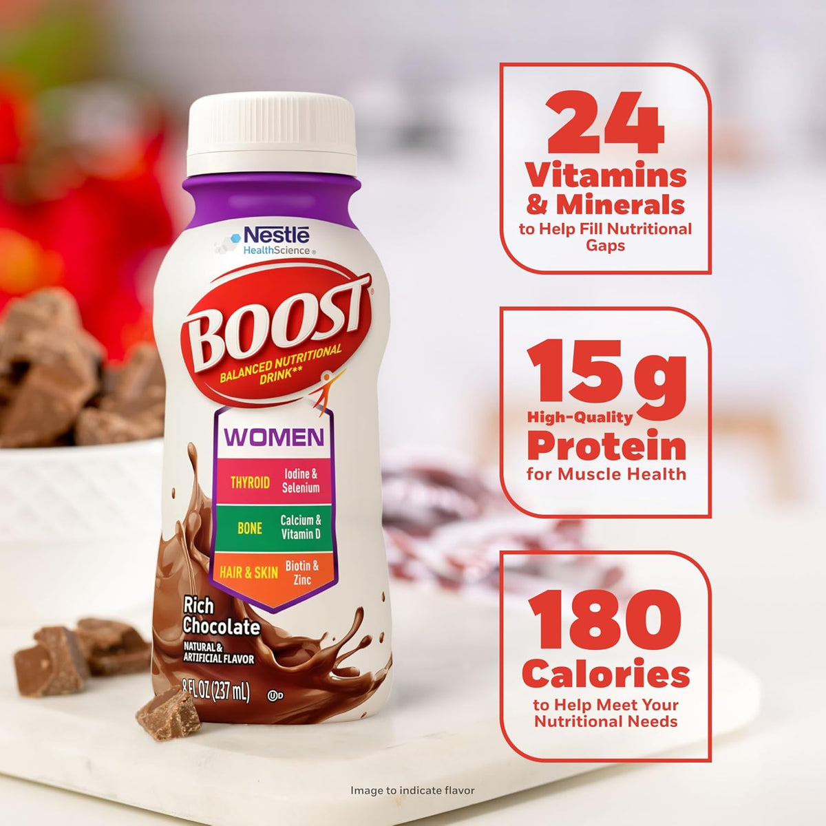 BOOST Women Balanced Nutritional Drink, Rich Chocolate, 8 FL OZ, 24 pk